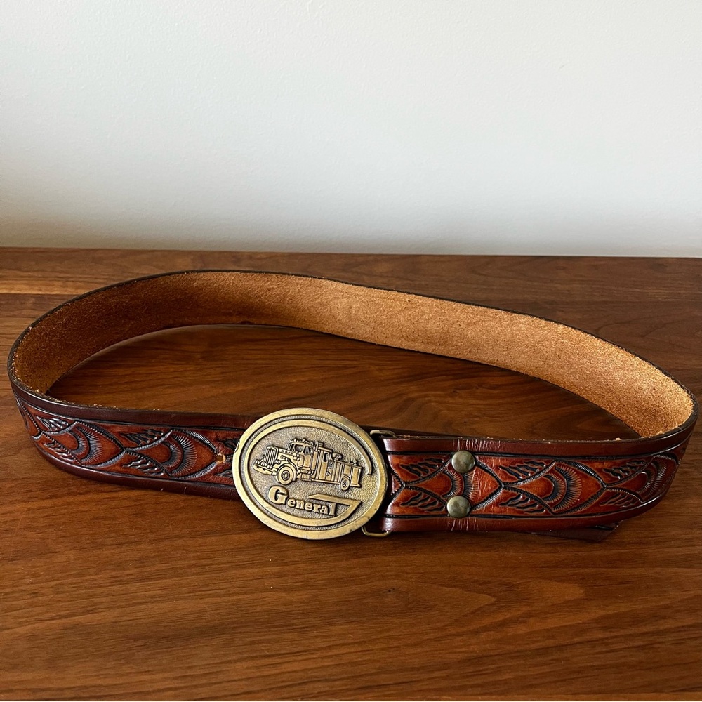 Vintage Hand Stained Latitan Leather Tooled Belt With Vintage Belt Buckle
